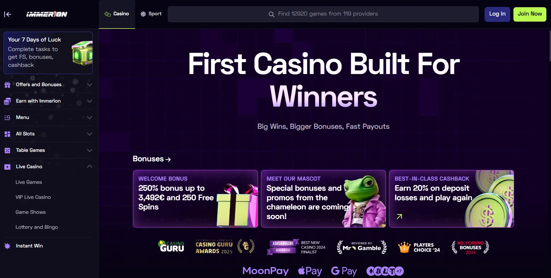 Startpagina van Immerion Casino met welkomstbonus, cashback-aanbiedingen en casino-promoties