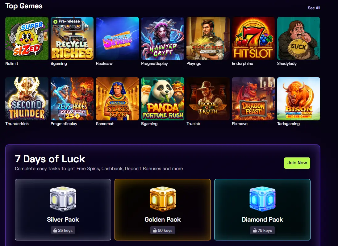 Sectie met populairste spellen van Immerion Casino met slots en 7 Days of Luck bonuspakketten
